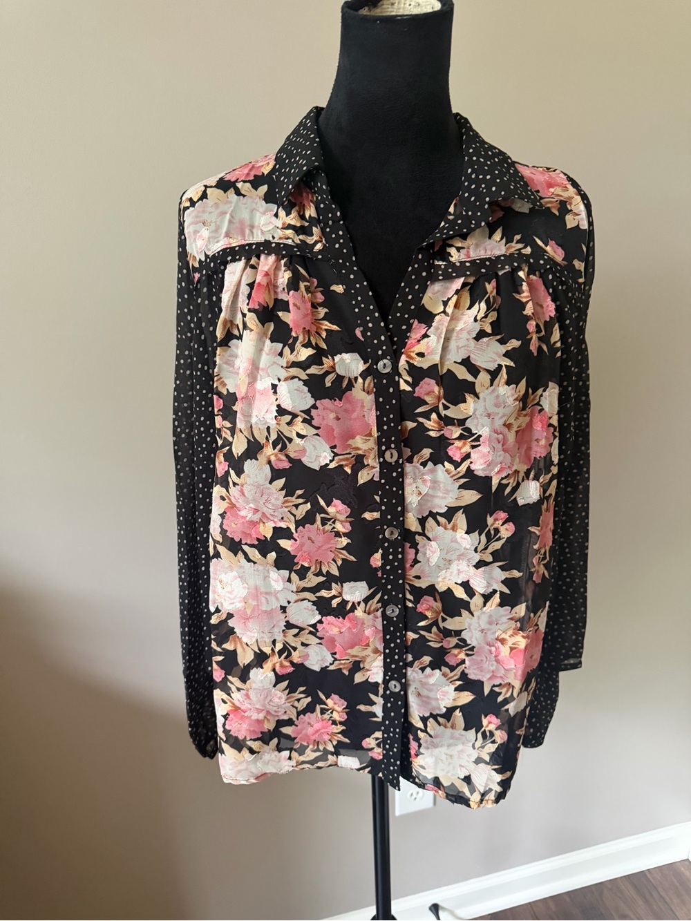 Umgee Black Floral Button Blouse - Pink & Cream Flowers Long Sleeve MED